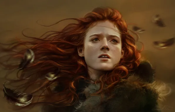 Девушка, лицо, перья, арт, веснушки, рыжая, Game of Thrones, Ygritte