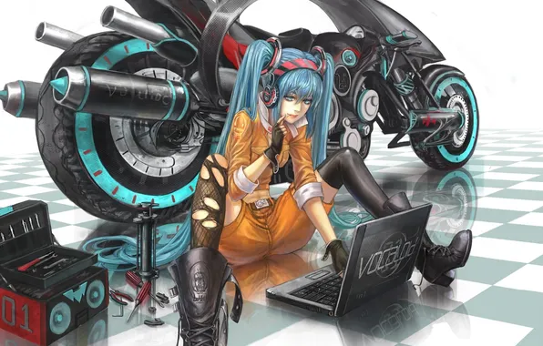 Картинка девушка, аниме, наушники, арт, мотоцикл, ноутбук, vocaloid, hatsune miku
