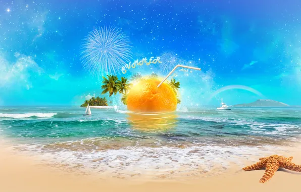 Картинка море, пляж, солнце, апельсин, digital, sea, art, orange
