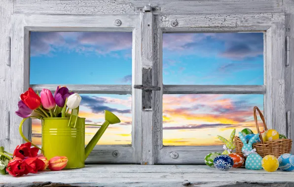 Картинка цветы, яйца, весна, окно, Пасха, тюльпаны, flowers, tulips