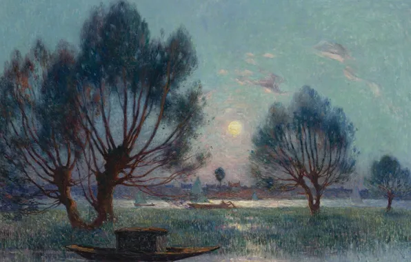 Пейзаж, ночь, лодка, картина, Ferdinand du Puigaudeau, Фердинанд дю Пюигадо, Ясная Луна над Берегами Луары