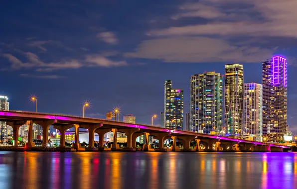 Мост, здания, Майами, Флорида, залив, ночной город, Miami, небоскрёбы