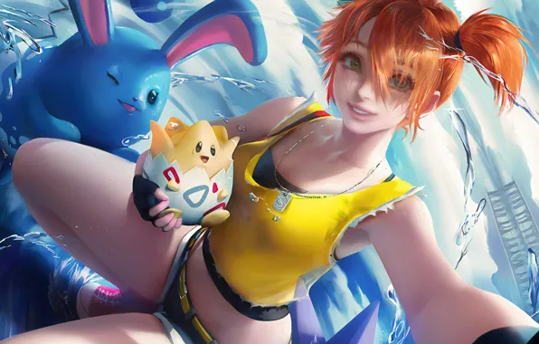 Misty, beach, animals, art, cartoon, redhead, pokemon, illustration
