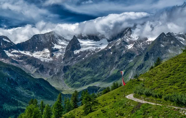 Картинка дорога, трава, облака, деревья, горы, скалы, Швейцария, долина