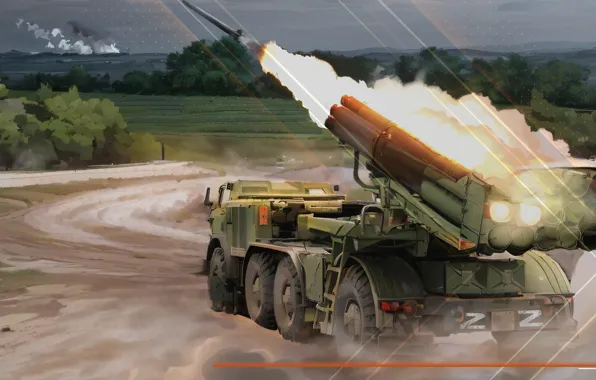 Картинка military, art, weapons, rocket, mlrs, salvo