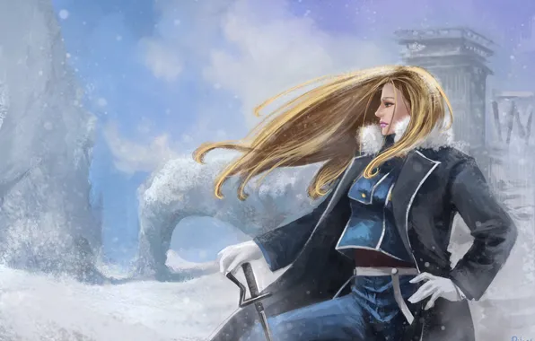 Картинка девушка, снег, оружие, буря, форма, art, rikamello, fullmetal alchemist brotherhood