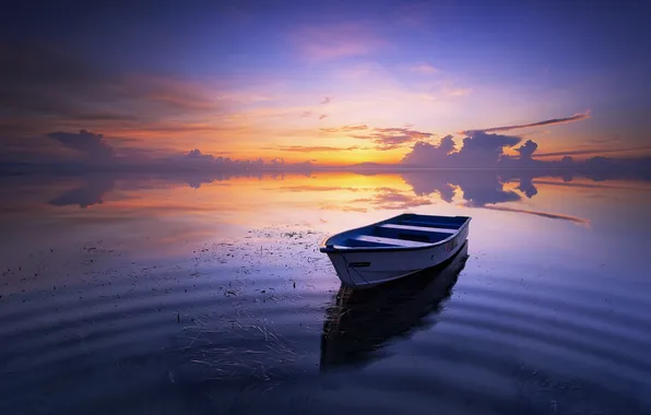 Картинка пейзаж, закат, озеро, лодка