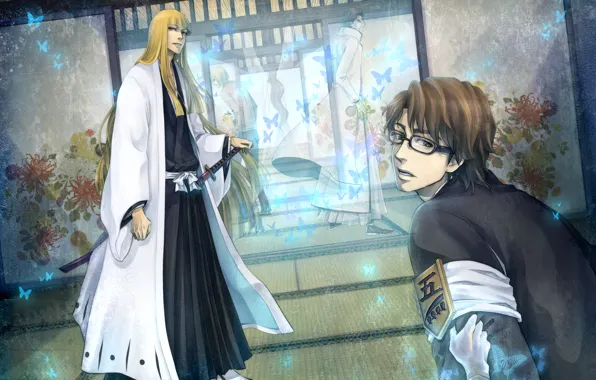 Оружие, бабочка, катана, кимоно, bleach, hirako shinji, aizen sousuke
