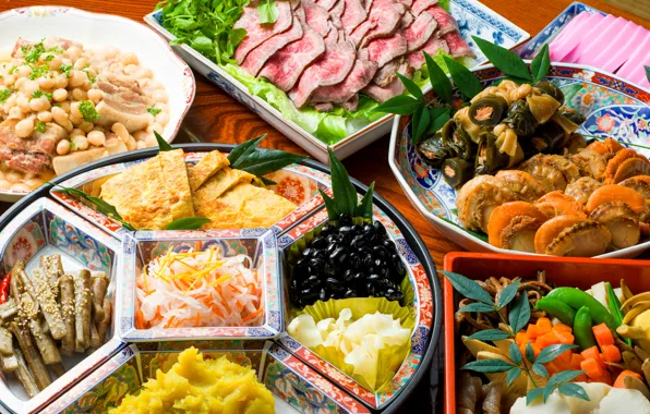 Овощи, морепродукты, японская кухня, блюда, ассорти