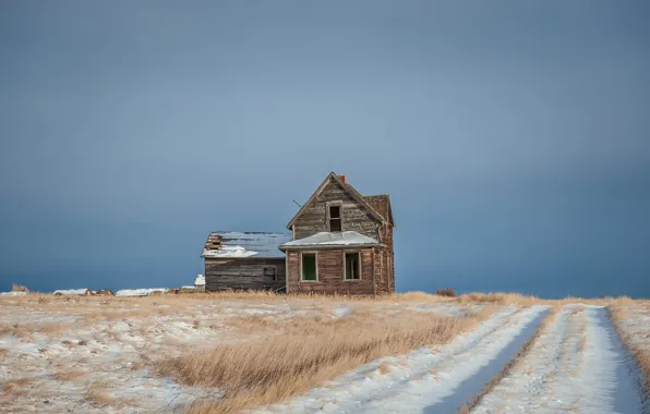 Картинка поле, снег, дом