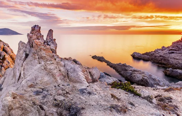 Картинка закат, скалы, побережье, Франция, Calvi Corse