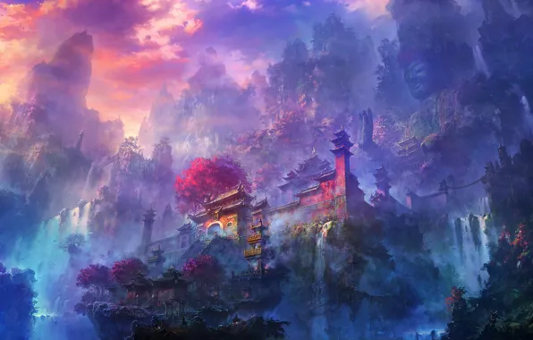Картинка туман, рассвет, водопад, Горы, храм, статуя