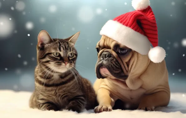 Зима, кошка, взгляд, снег, поза, котенок, серый, собака