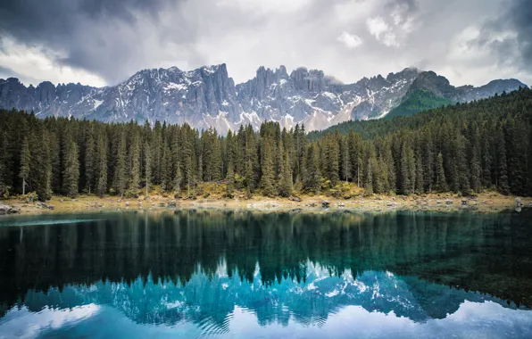 Лес, горы, озеро, Italy, Bozen, Lake Carezza