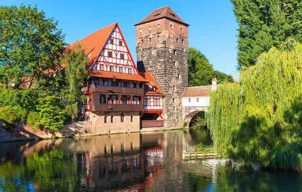 Картинка мост, здания, Германия, Бавария, набережная, Germany, Bavaria, Henkersteg
