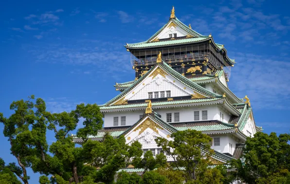 Небо, деревья, замок, Япония, Japan, Osaka, Осака, Osaka Castle