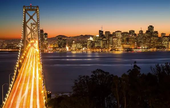 Горы, ночь, мост, город, огни, рассвет, мегаполис, San Francisco