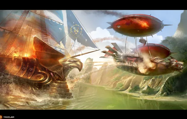 Огонь, корабль, дирижабль, Альянс, wow, world of warcraft, Орда, opposition