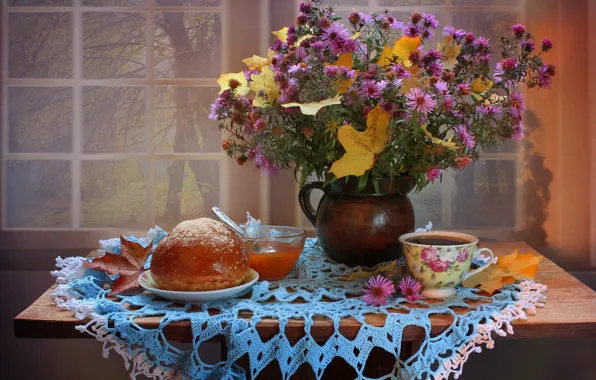 Осень, листья, цветы, чай, натюрморт, хризантемы, ноябрь, абрикосовое варенье