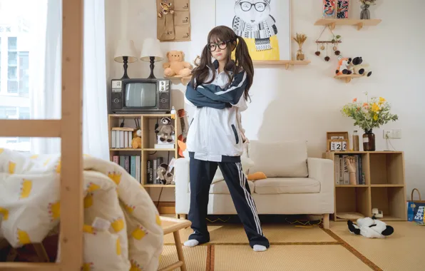 Asian, glasses, black hair, white bra, white socks, on the floor