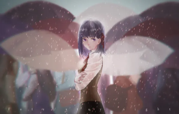 Картинка девушка, люди, дождь, аниме, арт, зонты, fate stay night, matou sakura