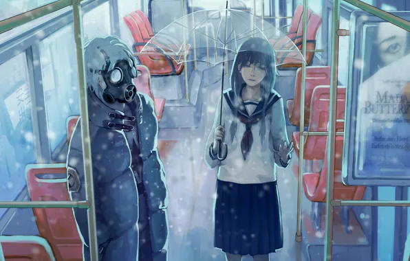 Картинка снег, Девушка, зонт, противогаз, парень, школьная форма