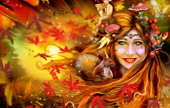 Картинка осень, листья, девушка, сова, эльф, грибы, белка