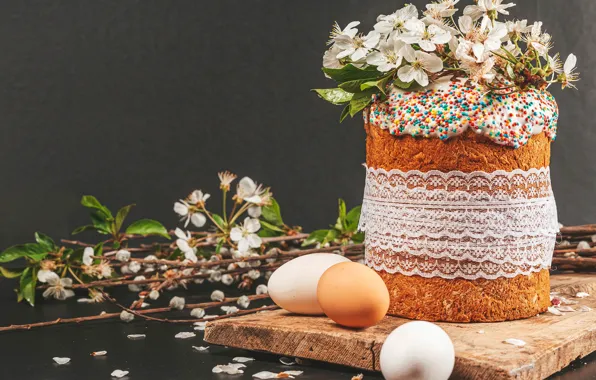 Цветы, яйца, весна, Пасха, кулич, выпечка, Easter
