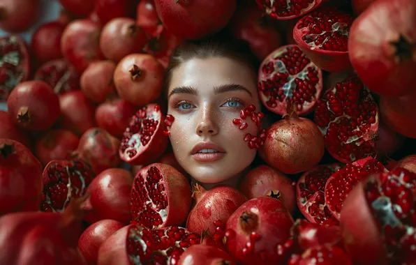 Взгляд, девушка, поза, портрет, красные, фрукты, много, гранаты