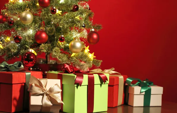 Картинка украшения, красный, шары, елка, лента, подарки, Новый год, red