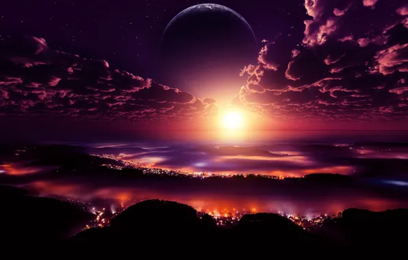 Картинка космос, огни, планета