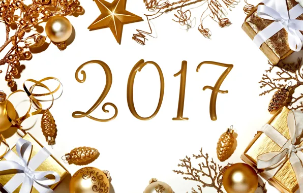 Картинка Новый Год, Рождество, golden, new year, happy, balls, merry christmas, decoration