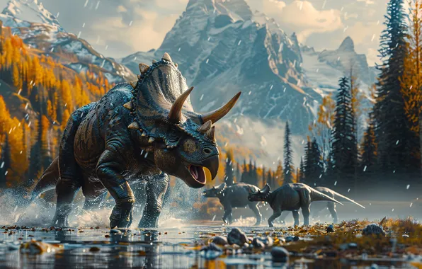 Вода, Горы, Деревья, Брызги, Рога, Животные, Triceratops, Цифровое искусство