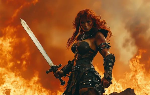 Fire, blue eyes, redhead, fantasy art, Red Sonja, female warrior, AI art, women with swords