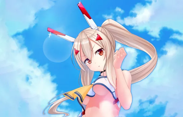 Girl, sexy, cleavage, sky, long hair, boobs, anime, Ayanami