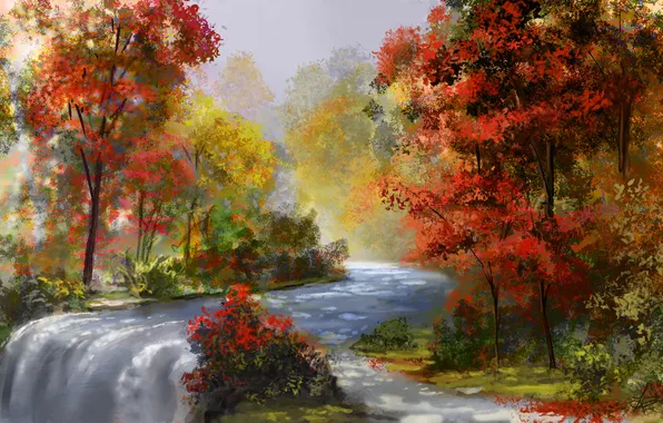 Картинка осень, вода, деревья, река, поток, art