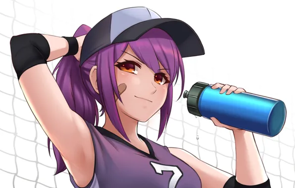 Картинка Girl, anime, purple hair, net, bonnet, anime girl, water bottle, original characters