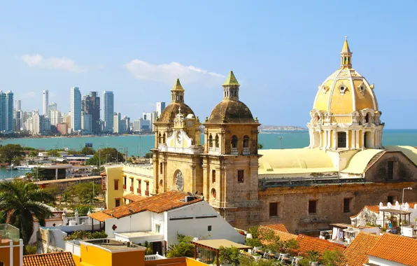 Море, побережье, дома, солнечно, Колумбия, Cartagena