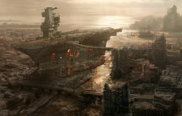 Картинка город, рисунок, корабль, разрушение, авианосец