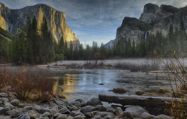 Картинка зима, лес, горы, река, камни, сша, Национальный парк Йосемити, декабрь