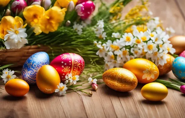 Картинка цветы, яйца, весна, colorful, Пасха, happy, flowers, spring