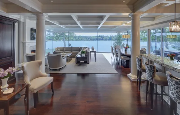 Вилла, интерьер, гостиная, столовая, Michigan, вид на озеро, Tursi, Upper Straits Lake House
