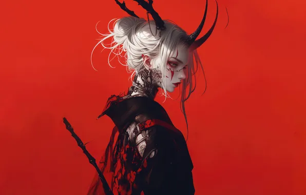 Anime, Tattoo, White Hair, Horn, Red Background, Anime Girl