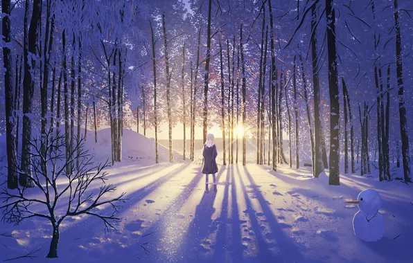 Зима, девушка, солнце, снег, деревья, закат, аниме, арт
