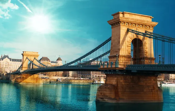 Картинка лето, город, размытость, боке, красивый вид, Венгрия, Hungary, подвесной мост