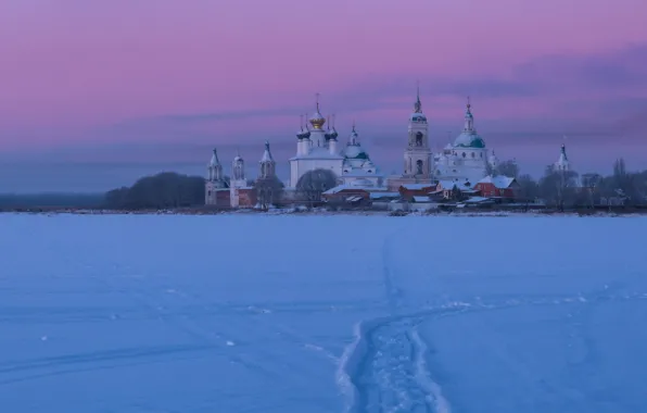 Картинка зима, снег, рассвет, утро, Россия, монастырь, храмы, церкви