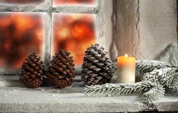 Зима, свет, снег, свеча, окно, Рождество, light, holidays