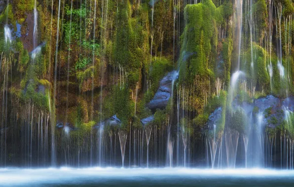 Картинка вода, природа, скала, водопад, мох, Калифорния, USA, США