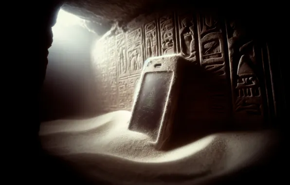 Картинка science fiction, sand, ancient, pyramid, cellphone, AI art