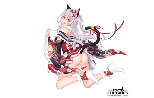 Girl, sexy, ass, yukata, long hair, dress, animal ears, anime